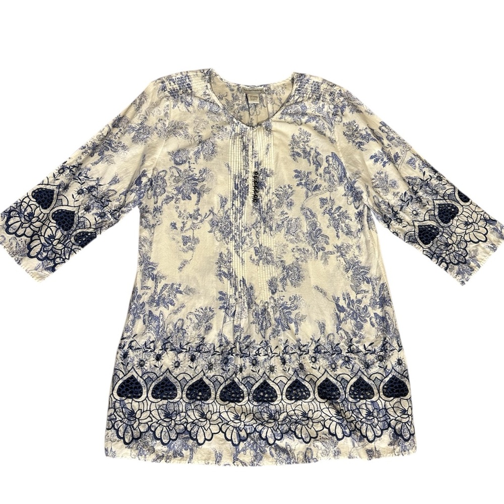Soft Surroundings Floral Tunic Blouse with Embroidered Flowers and Cutouts